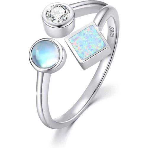 Sterling Silver Cubic Zirconia & Moonstone & Opal Open Ring