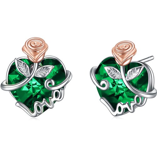 Sterling Silver Two-tone Heart Shaped Crystal Rose & Heart Stud Earrings
