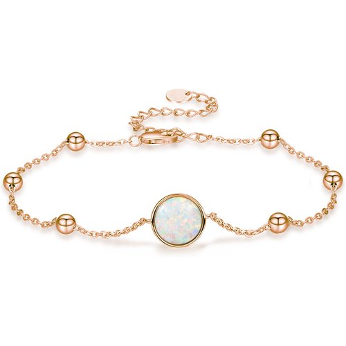 Sterling Silver with Rose Gold Plated Opal Round Charm Bracelet