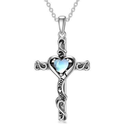 Sterling Silver Moonstone Ivy Cross Engraved Heart Necklace for Women Men