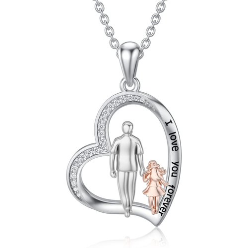 Sterling Silver Two-tone Cubic Zirconia Father & Daughter & Heart Pendant Necklace
