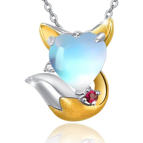 Sterling Silver Two-tone Heart Shaped Moonstone Fox Pendant Necklace