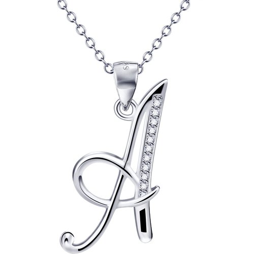 Sterling Silver Cubic Zirconia Personalized Initial Letter Pendant Necklace with Initial Letter A
