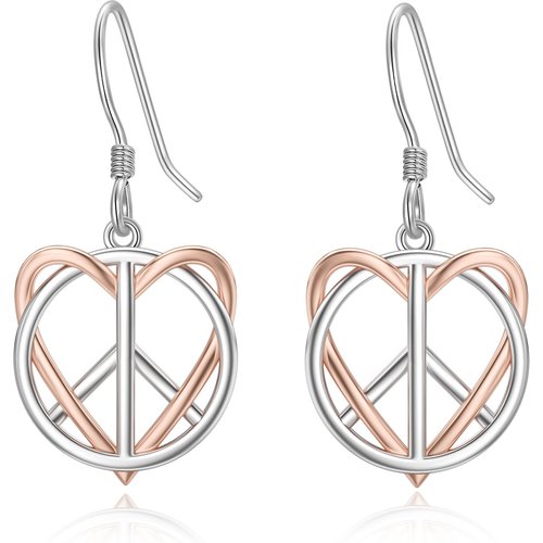 Sterling Silver Two-tone Heart & Peace Symbol Drop Earrings