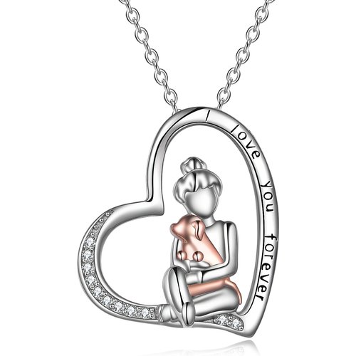 Sterling Silver Two-tone Dog & Girl Engraved Necklace for Women
