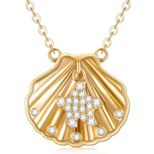 14K Gold Cubic Zirconia Shell Pendant Necklace