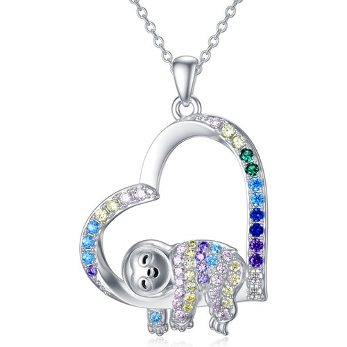 Sterling Silver Colorful Cubic Zirconia Sloth & Heart Necklace for Women Kids