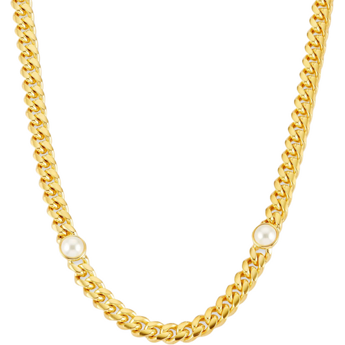 Stainless Steel with Yellow Gold Plated Cuban Link Pearl Inset Chain for Men 6mm