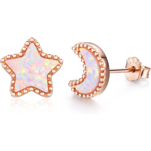 Sterling Silver with Rose gold plated Opal Moon & Stars Stud Earrings