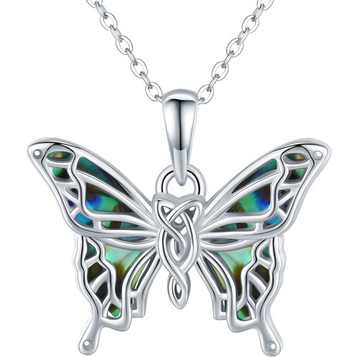 Sterling Silver Abalone Shellfish Butterfly and Celtic Knot Pendant Necklace