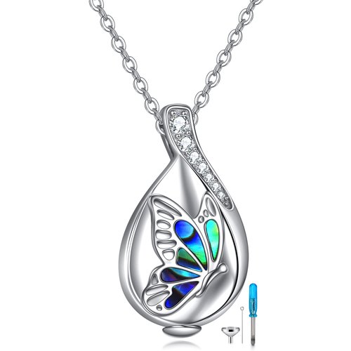 Sterling Silver Abalone Shellfish & Cubic Zirconia Butterfly Urn Necklace for Ashes