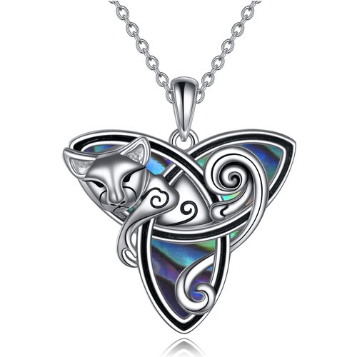 Sterling Silver Abalone Shellfish Cat & Celtic Knot Pendant Necklace