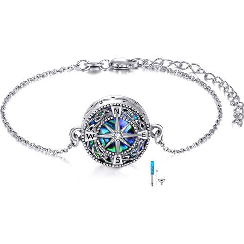 Sterling Silver Abalone Shellfish Celtic Knot & Compass Urn Bracelet for Ashes with Engraved Word