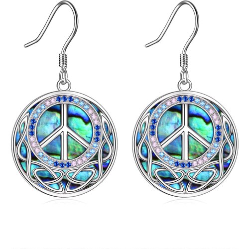 Sterling Silver Abalone Shellfish Celtic Knot & Peace Symbol Drop Earrings for Women