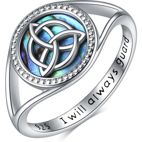 Sterling Silver Abalone Shellfish Celtic Knot Ring with Engraved Word
