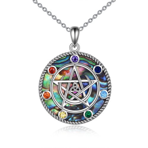 Sterling Silver Abalone Shellfish Chakras & Triple Moon Goddess Pendant Necklace