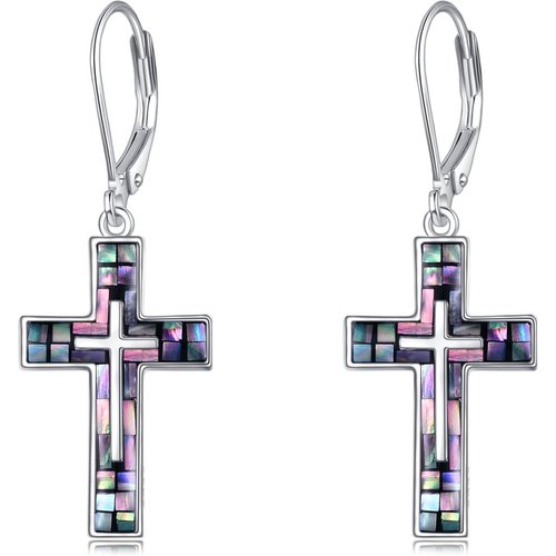 Sterling Silver Abalone Shellfish Cross Lever-back Earrings for Women