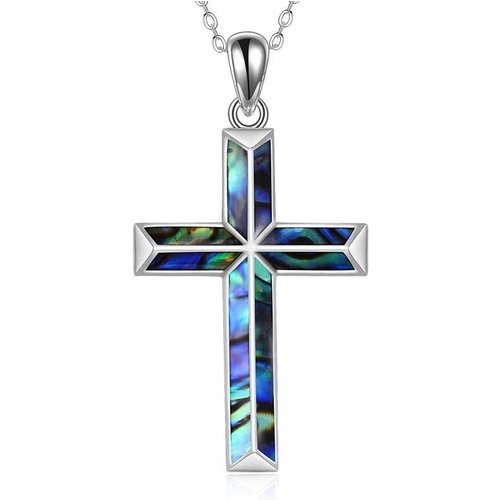 Sterling Silver Abalone Shellfish Cross Pendant Necklace