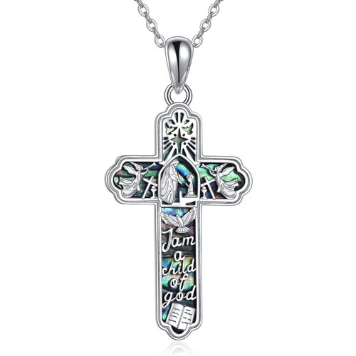 Sterling Silver Abalone Shellfish Cross Pendant Necklace with Engraved Word