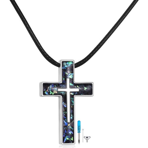 Sterling Silver Abalone Shellfish Cross Urn Necklace for Ashes with Leather Chain