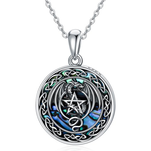 Sterling Silver Abalone Shellfish Dragon With Celtic Knot & Pentagram Pendant Necklace For Women