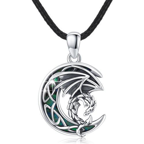 Sterling Silver Abalone Shellfish Dragon & Moon Pendant Necklace