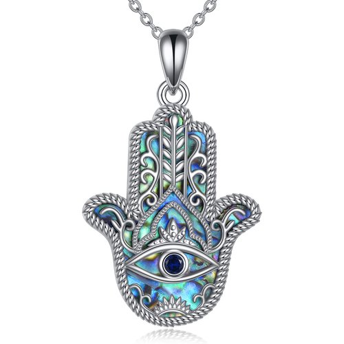 Sterling Silver Abalone Shellfish Evil Eye & Hamsa Hand Pendant Necklace