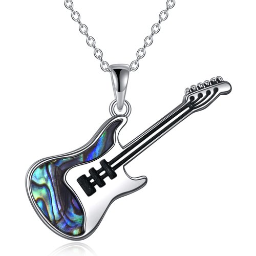 Sterling Silver Abalone Shellfish Guitar Pendant Necklace with Cable Chain