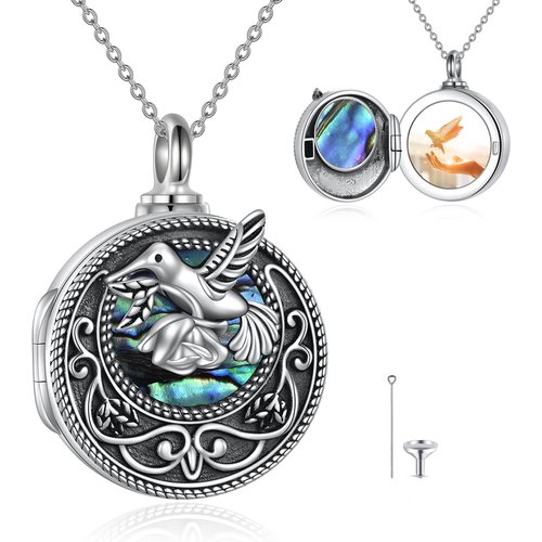 Sterling Silver Abalone Shellfish Hummingbird Urn Necklace for Ashes with Engraved Word
