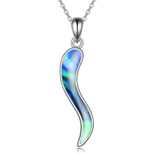 Sterling Silver Abalone Shellfish Italian Horn Pendant Necklace