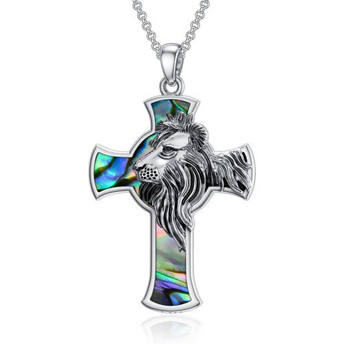 Sterling Silver Abalone Shellfish Lion & Cross Pendant Necklace for Men