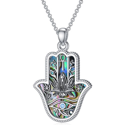 Sterling Silver Abalone Shellfish With Cubic Zirconia Eye Of Horus & Hamsa Hand Pendant Necklace For Unisex
