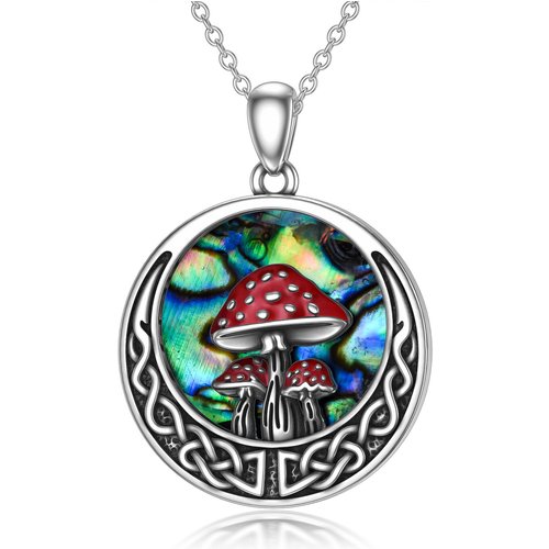 Sterling Silver Abalone Shellfish Mushroom & Celtic Knot Moon Pendant Necklace