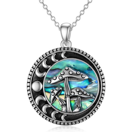 Sterling Silver Abalone Shellfish Mushroom & Moon Phases Pendant Necklace