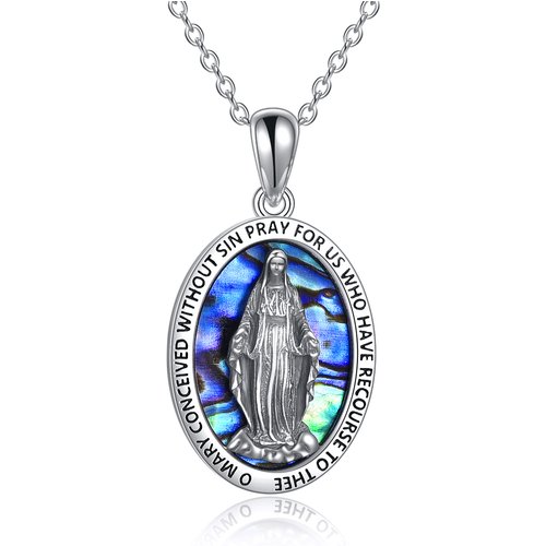 Sterling Silver Abalone Shellfish Our Lady Of Guadalupe Pendant Necklace