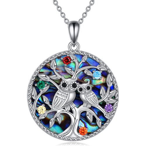 Sterling Silver Abalone Shellfish Owl & Tree Of Life Pendant Necklace