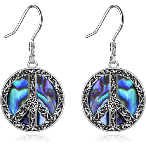 Sterling Silver Abalone Shellfish Peace Symbol Drop Earrings