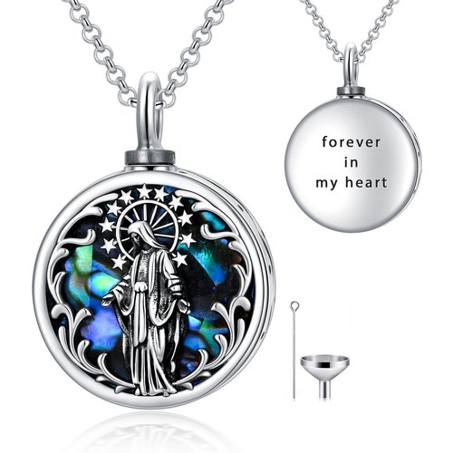 Sterling Silver Abalone Shellfish Personalized Engraving & Virgin Mary Urn Necklace for Ashes with Engraved Word