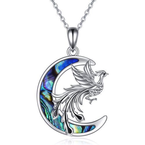 Sterling Silver Abalone Shellfish Phoenix & Moon Pendant Necklace