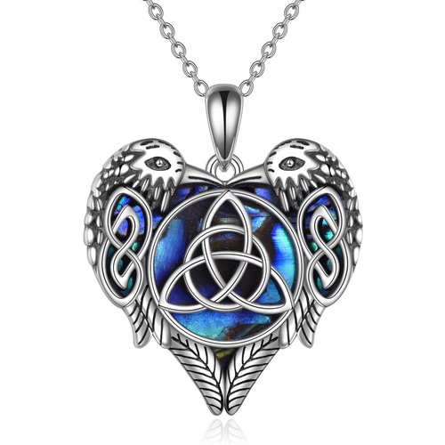 Sterling Silver Abalone Shellfish Raven Couple With Celtic Knot Pendant Necklace For Women