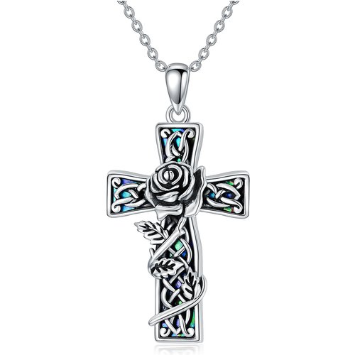 Sterling Silver Abalone Shellfish Rose & Cross Pendant Necklace