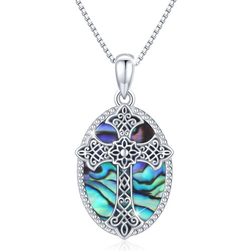 Sterling Silver Abalone Shellfish Round Pendant Necklace