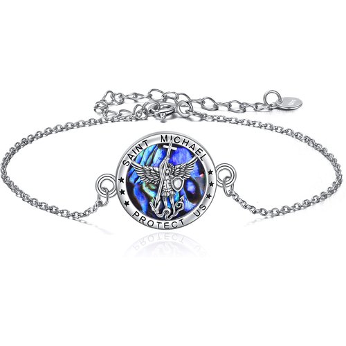 Sterling Silver Abalone Shellfish Saint Christopher Charm Bracelet with Engraved Word