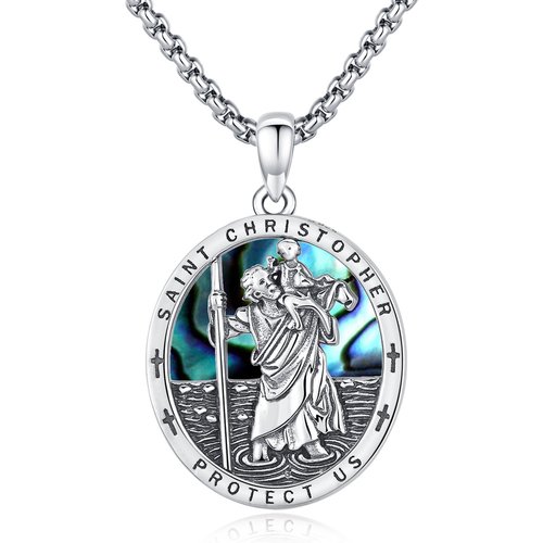 Sterling Silver Abalone Shellfish Saint Christopher Pendant Necklace with Engraved Word