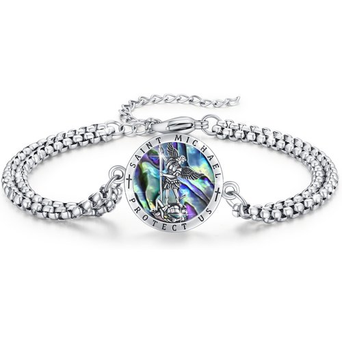 Sterling Silver Abalone Shellfish Saint Michael Charm Bracelet with Engraved Word