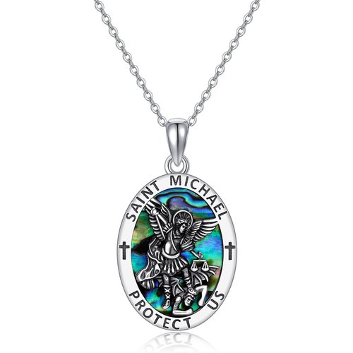 Sterling Silver Abalone Shellfish Saint Michael Pendant Necklace with Engraved Word