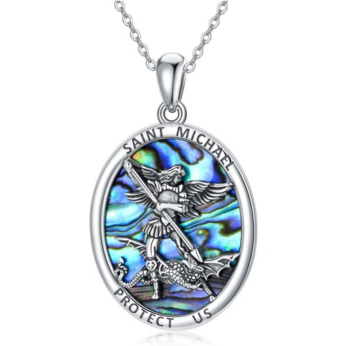 Sterling Silver Abalone Shellfish Saint Michael Pendant Necklace for Women