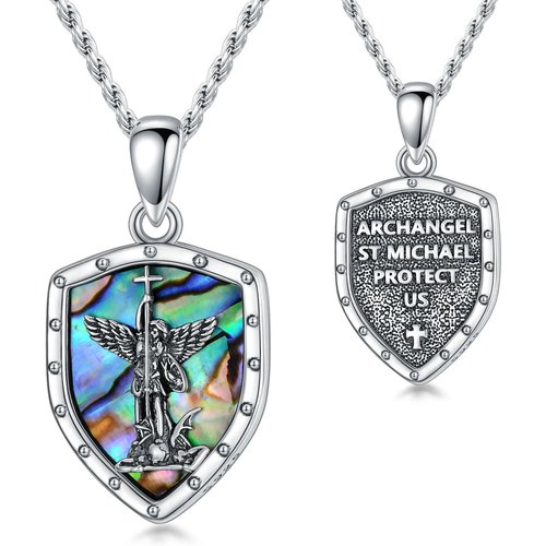 Sterling Silver Abalone Shellfish Saint Michael Shield Pendant Necklace with Engraving Words