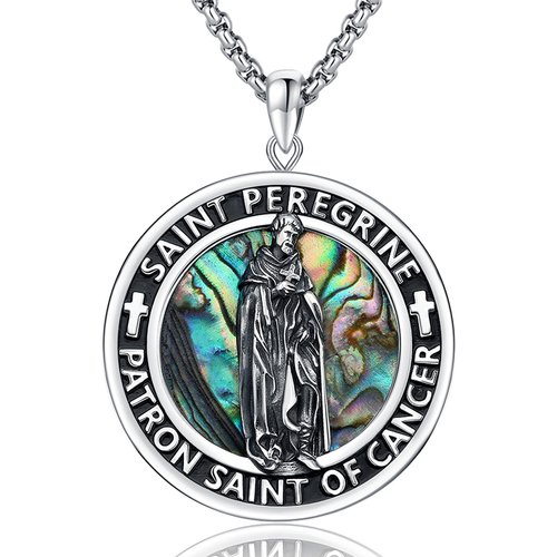 Sterling Silver Abalone Shellfish Saint Peregrine Pendant Necklace with Engraved Word for Men