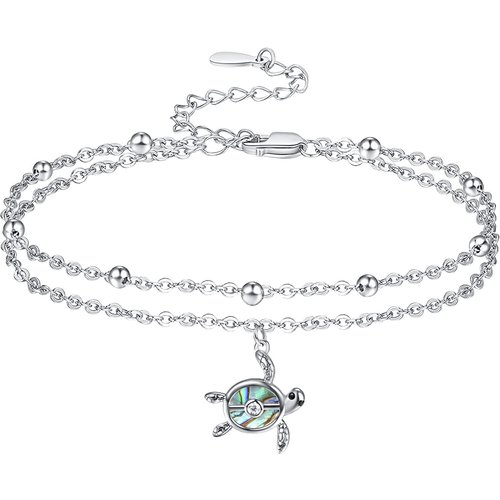 Sterling Silver Abalone Shellfish Sea Turtle Multi-layered Anklet